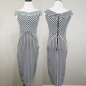 ASOS Dress Size 4 Black White Striped Illusion Off The Shoulder Event Cocktail